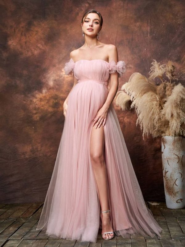 Maternity Off Shoulder Ruched Bustier Mesh Overlay Tube Prom Party Photography Dress