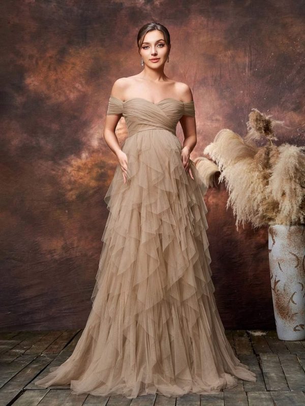 Maternity Off Shoulder Mesh Overlay Prom Photography Dress