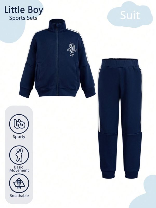 Boys' Collared Striped Badge Print Sporty Jacket And Pants 2pcs Outfit, Navy Blue