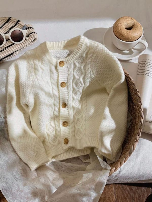 SHEIN Unisex Baby Beige Casual Crew Neck Textured Long Sleeve Cardigan Sweater