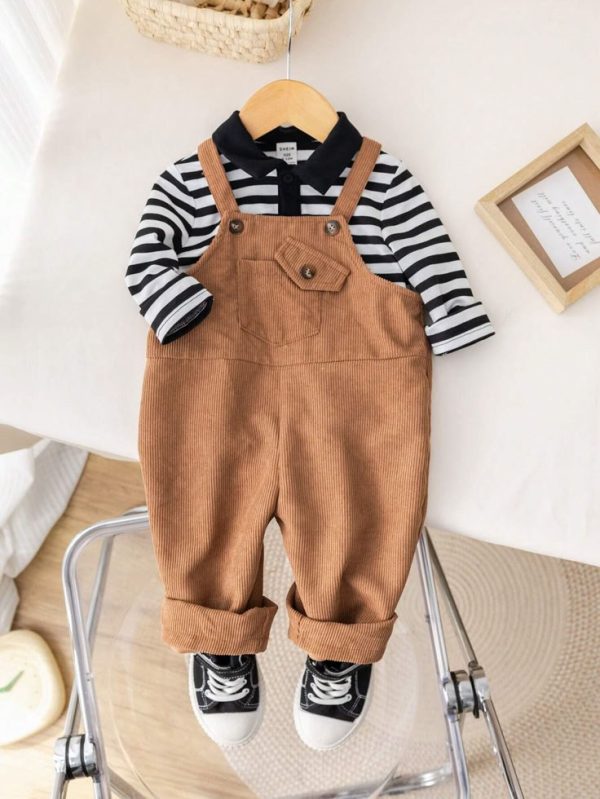 SHEIN Baby Boys And Girls Knit Striped Polo Collar Sweater And Corduroy Suspender Pants Outfit