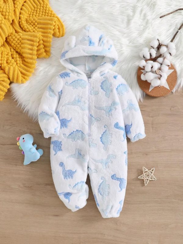 SHEIN Newborn Infants Casual Cute 3D Dinosaur Pattern Hooded Fleece Jumpsuit