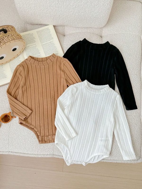SHEIN 3pcs/Set Newborn Baby Black/White/Khaki Turtleneck Ribbed Knit Rompers