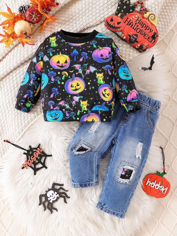 2pcs Baby Boys Halloween Pumpkin Devil Graphic Sweatshirt & Embroidered Denim Pants Set
