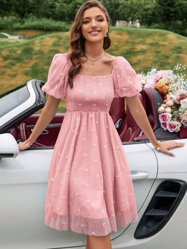 SHEIN Rosie Floral Embroidery Puff Sleeve Mesh Overlay Dress
