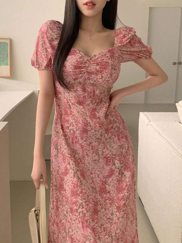 DAZY Women's Printed Sweetheart Neckline Short Puff Sleeve Midi Split Dress