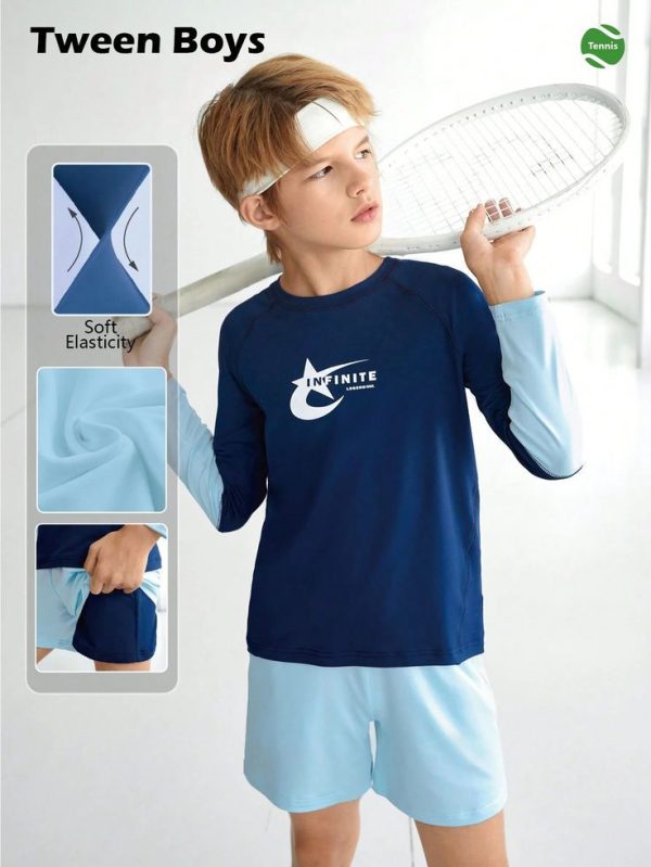 SHEIN Boys' Comfortable Athletic Long Sleeve Shorts & Leggings Set, Blue Color Block