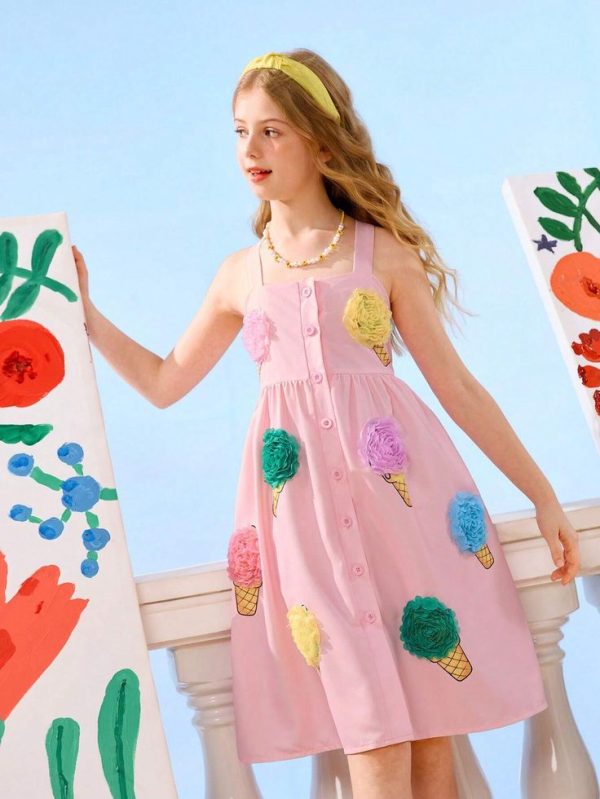 SHEIN Girls' (Big) Woven Sundress With Ice Cream Print, 3D Flower Decoration And Straps
