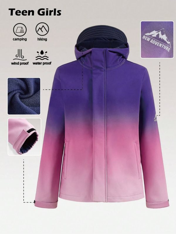 Teenage Girls' Colorful Gradient Print Composite Fleece Softshell Outdoor Sport Jacket