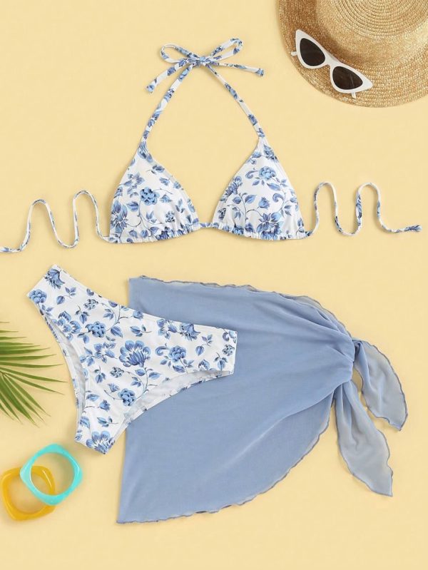 SHEIN Swim Mod Summer Beach Floral Print Triangle Bikini Set With Beach Skirt