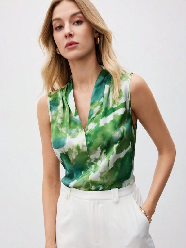 SHEIN BIZwear Pleated V-Neck Green & White Tie Dye Tie-Dye Tunic Sleeveless Casual Work Shirt