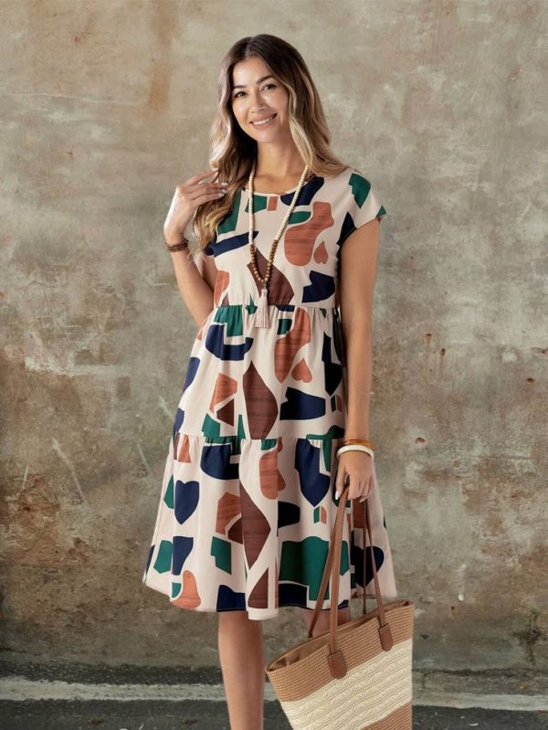 EMERY ROSE Women's Summer Geometric Pattern Print Round Neck Short-Sleeve Dress