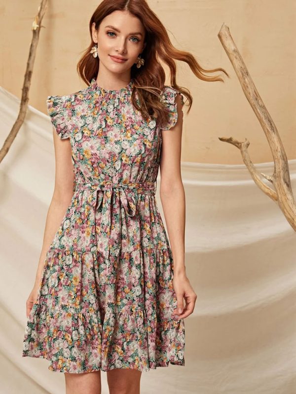 SHEIN VCAY Floral Print Ruffle Hem Belted Dress