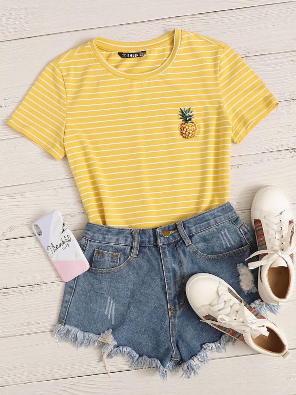 SHEIN EZwear Embroidery Pineapple Striped Tee