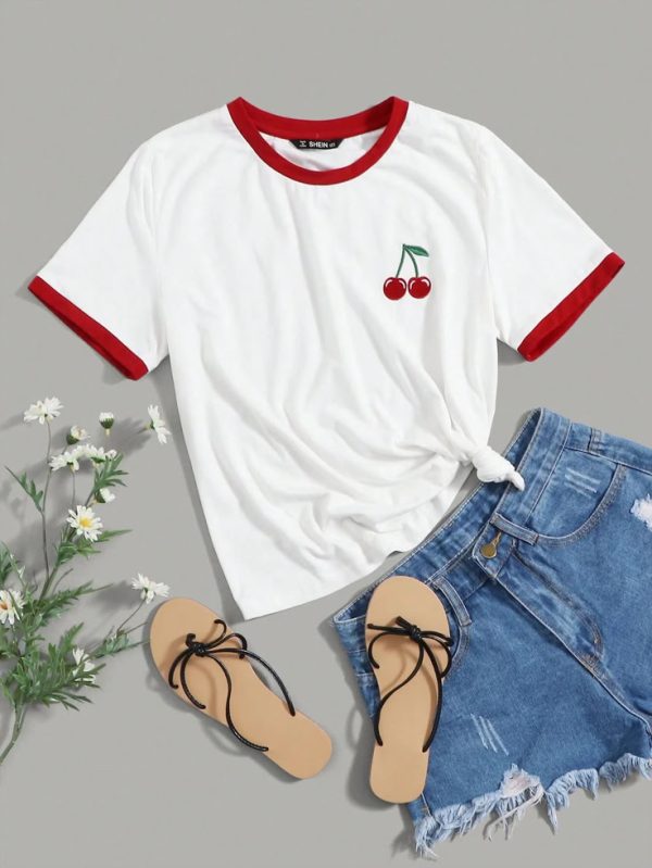 SHEIN EZwear Summer Contrast Color Crew Neck Embroidery Cherry Ringer Loose Tee