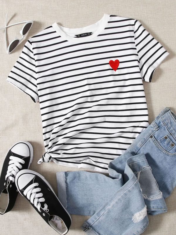SHEIN EZwear Plus Striped Heart Embroidery Detail Tee