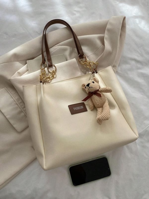 Chain & Letter Patch Decor Shoulder Tote Bag Double Handle PU With Cartoon Bear Bag Charm