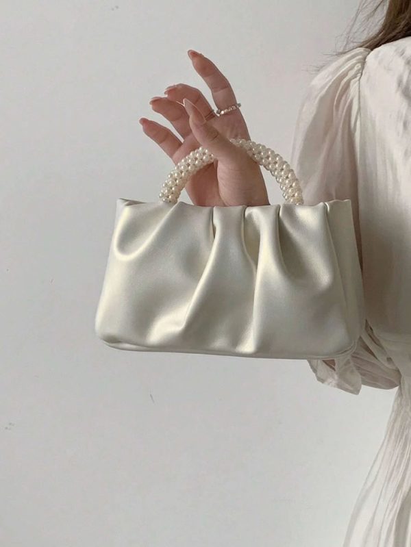 Small Ruched Bag Faux Pearl Decor Top Handle For Daily Vintage Embroidered Crossbody Frame Bag