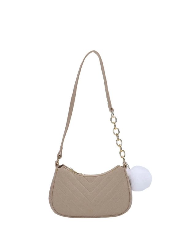 Lightweight,Business Casual Chevron Detail Chain Decor Hobo Bag With Pompom Bag Charm For Teen Girls