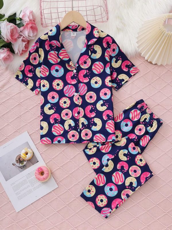 2pcs/Set Girls Casual Colorful Donut Prints Short Sleeve Cardigan And Pants Pajama Set