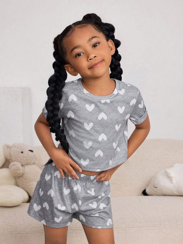 SHEIN 2pcs/Set Young Girl Love Print Short Sleeve T-Shirt And Shorts, Knitted Comfy Casual Pajamas