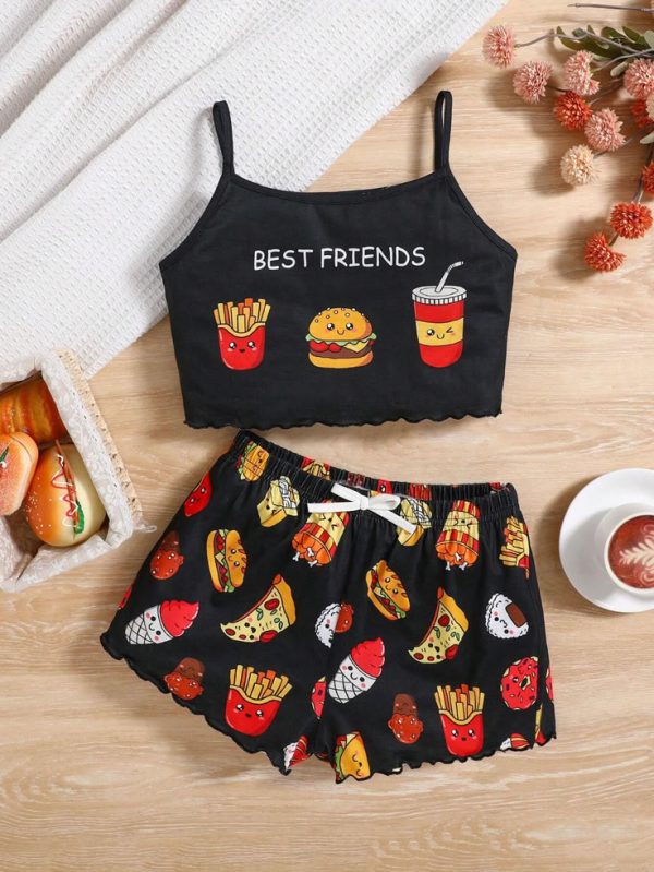 SHEIN Tween Girl Burger, Fries & Soda Print Cami Top & Shorts Knit Flame Retardant Pajama Set