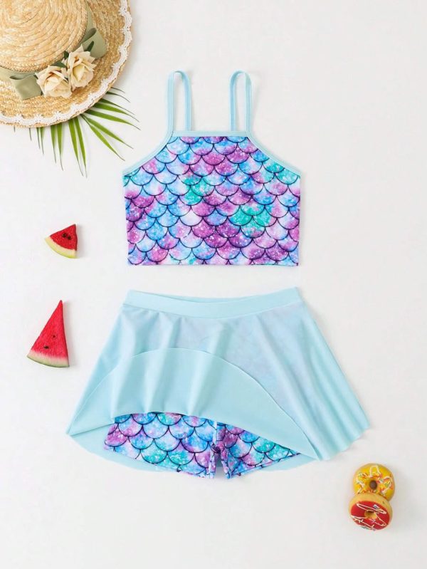 Girls' Mermaid Scale Print Vacation-Ready Vest Top, Swimsuit And Swim Shorts Set