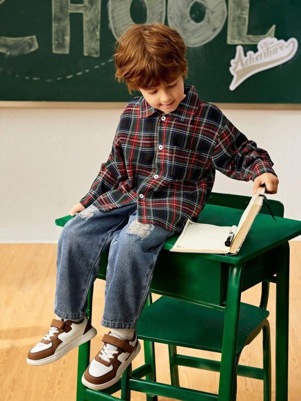 SHEIN Young Boy's Plaid Long Sleeve Shirt And Distressed Pants Casual Set, Autumn & Spring