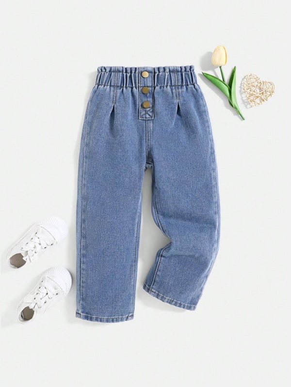 Young Girls' Simple Solid Color Denim Jeans With Ruffle Trim