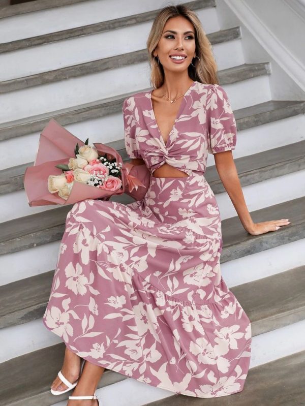 SHEIN LUNE Floral Print Twist Front Cut Out Ruffle Hem Dress