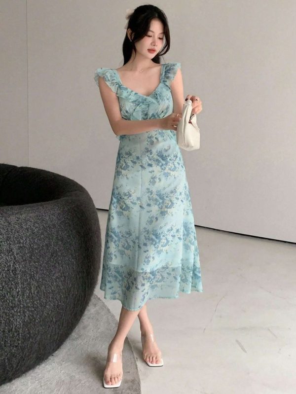 DAZY Women's Short Flare Sleeve Floral Printed Patchwork Dress With Ruffle Hem