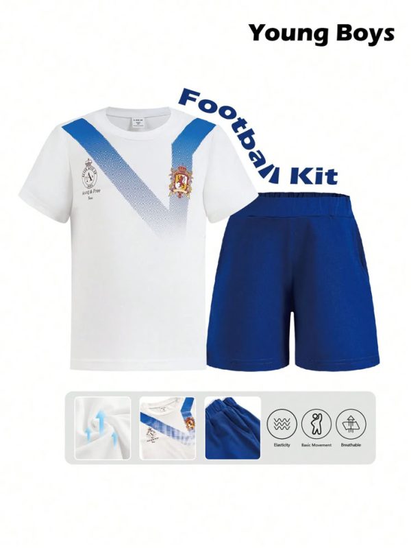 Boys' Blue & White Integrated Badge Letter Printed Comfortable Soccer Sport Set
