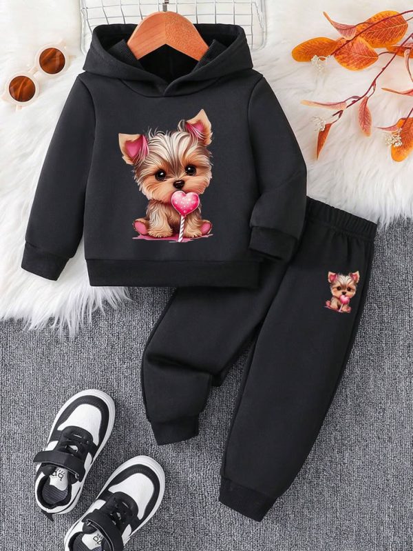 Toddler Girls' Cute Cat Print Casual Hooded Sweatshirt Set