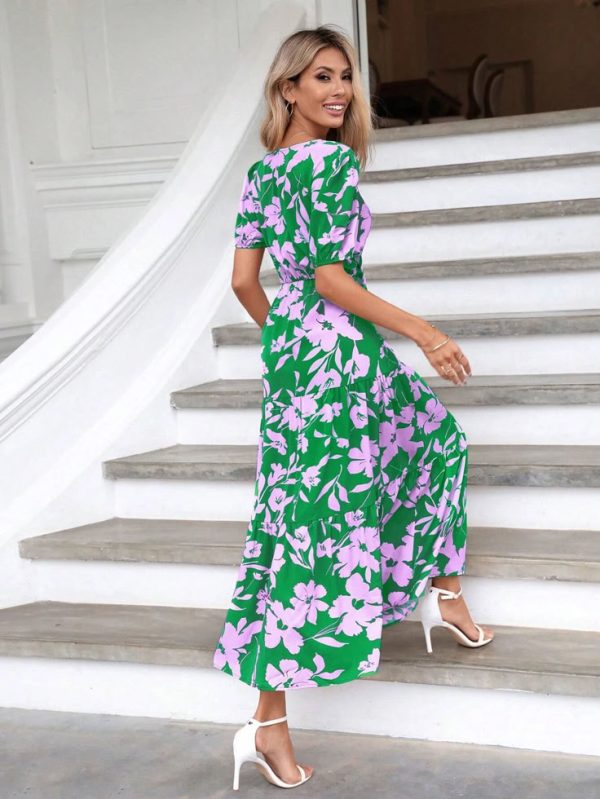 SHEIN LUNE Floral Print Cut Out Front Ruffle Hem Dress