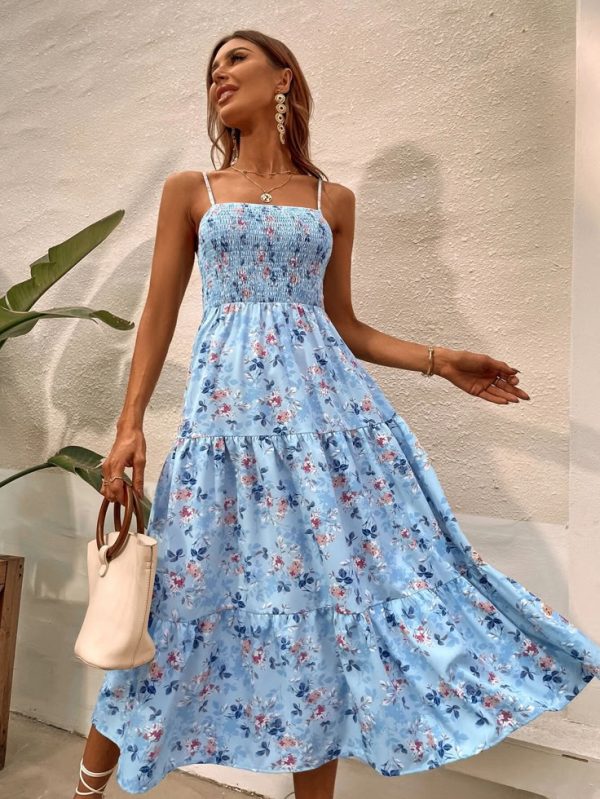 SHEIN VCAY Allover Floral Print Shirred Ruffle Hem Cami Dress