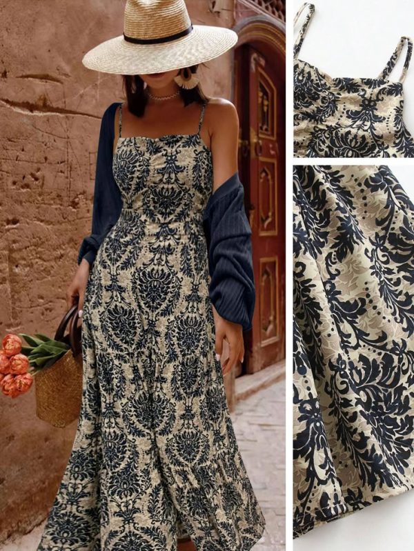 Women Casual Holiday Printed Pleated Strap Dress With Elastic Waist