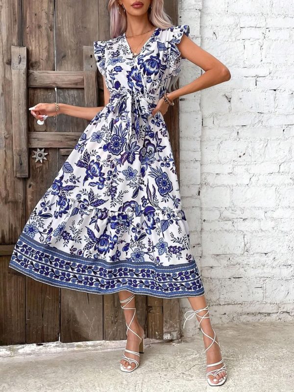 SHEIN VCAY Floral Print Butterfly Sleeve Ruffle Hem Belted Dress