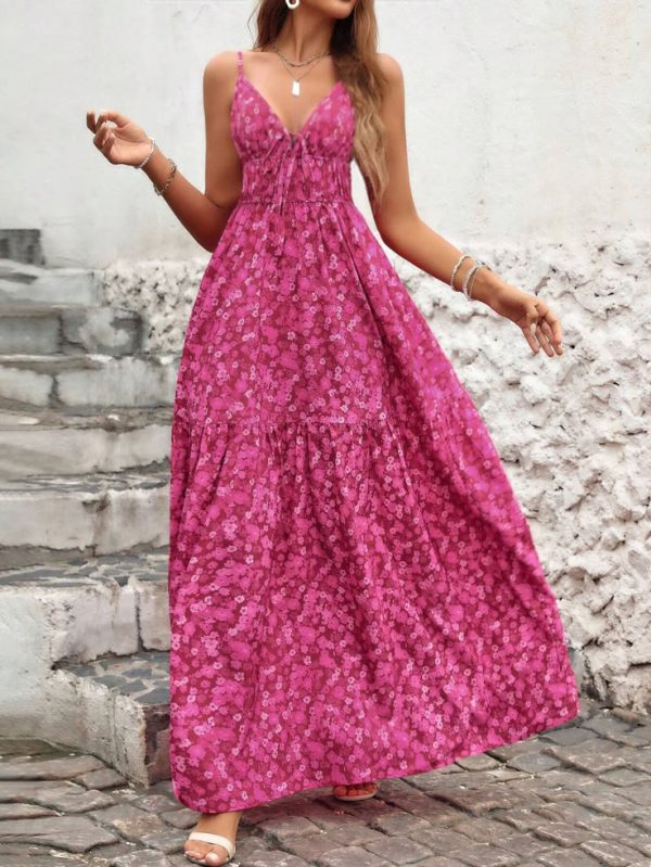 SHEIN VCAY Romantic Floral V-Neck Dress With Wide Hem And Chest Straps Summer Women Dress
