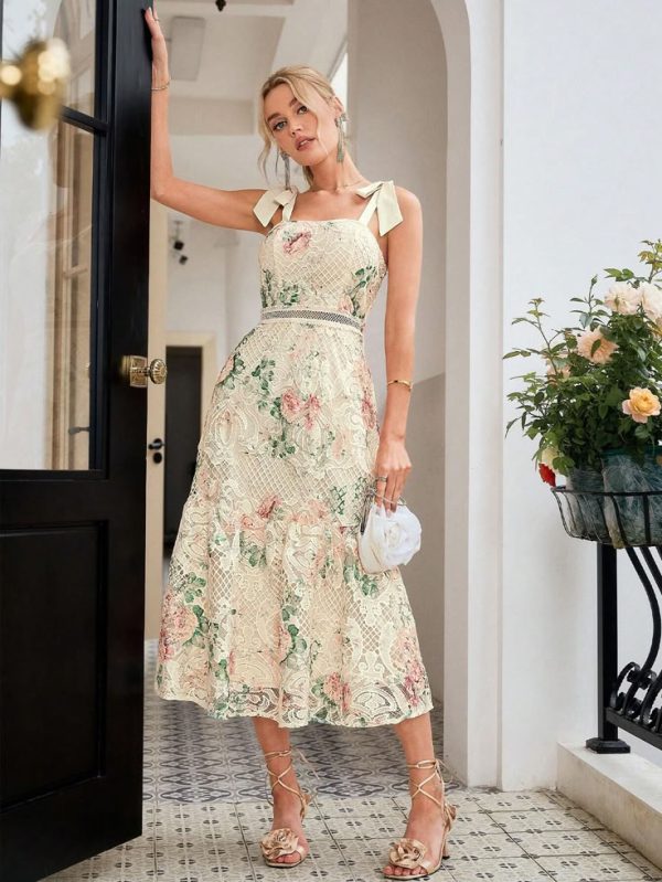 Simplee Women's Summer Spaghetti Strap Lace Floral Print Fish Tail Hem Elegant Dress