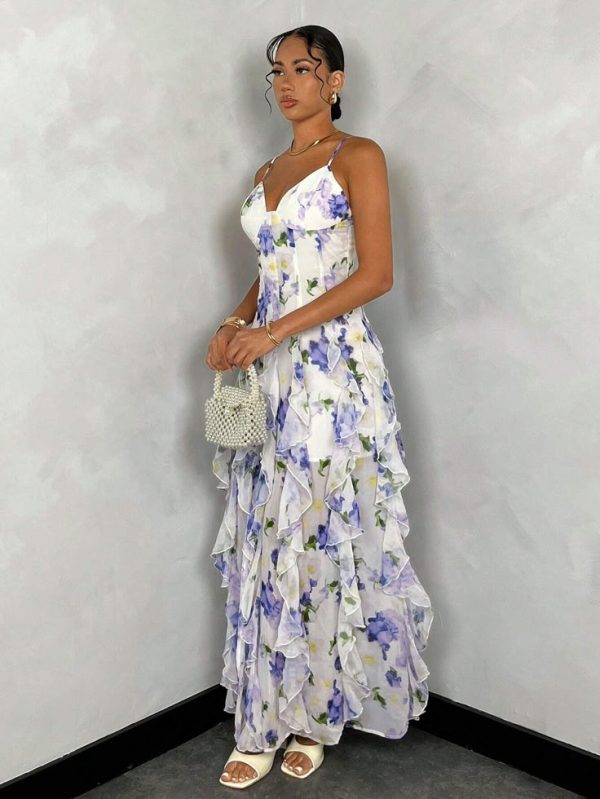 SHEIN BAE Summer Blue Floral Printed Vacation Dress For Women