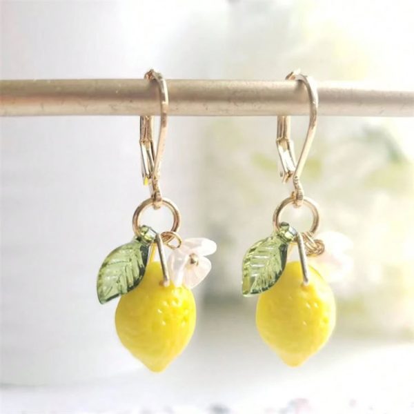 1pair Sweet & Fresh Lemon, Flower, Leaf Pendant Earrings