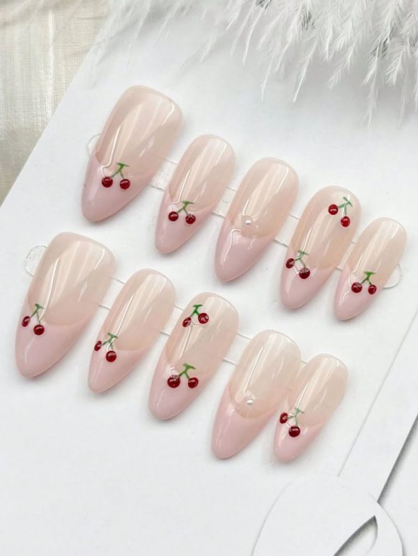 10pcs Minimalist Finger Nail Stickers W/ Cherry Print, Includes Gel Top Coat