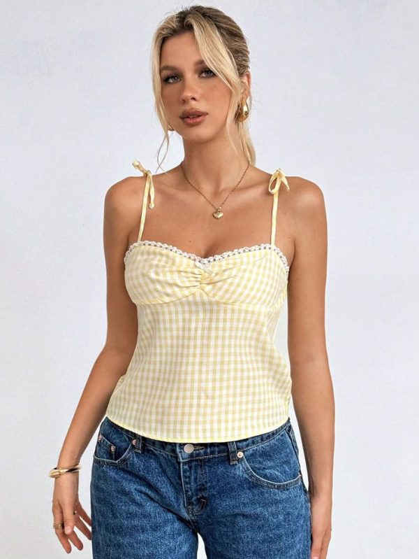 SHEIN EZwear Yellow Checkered Cross Strap Backless Camisole, Sexy Women's Tank Top