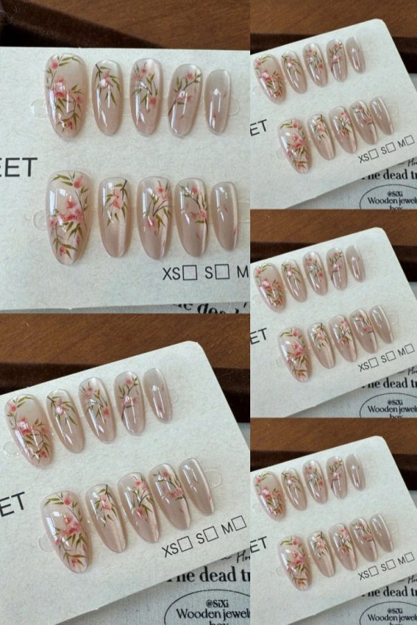 10pcs Handmade Pink Cat Eye Fake Nails With Flower And Leaf Nail Art Design
