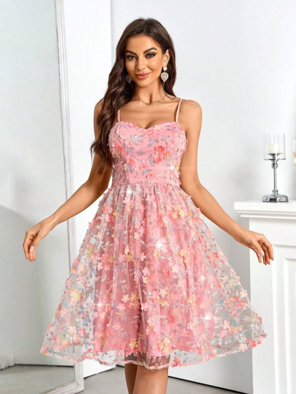 SHEIN BAE Women's Colorful Sequined 3D Flower Youthful Dress