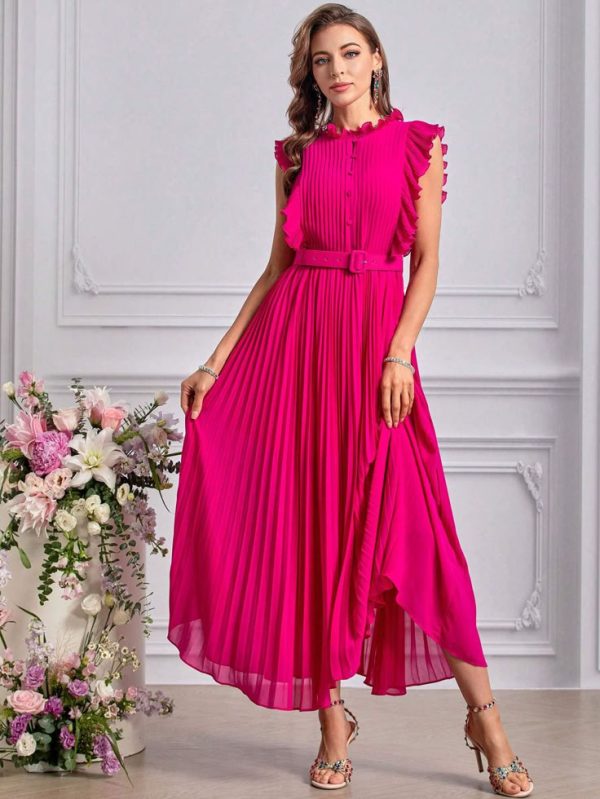 Sleeveless Ruffle Tie Waist Full Body Pleated Elegant Long Swing Fashion Dresses