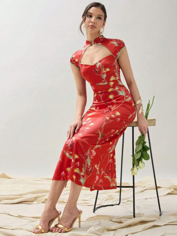 SHEINNeu Elegant New Chinese Style Floral Print Hollowed Stand Collar Dress For Women, Summer