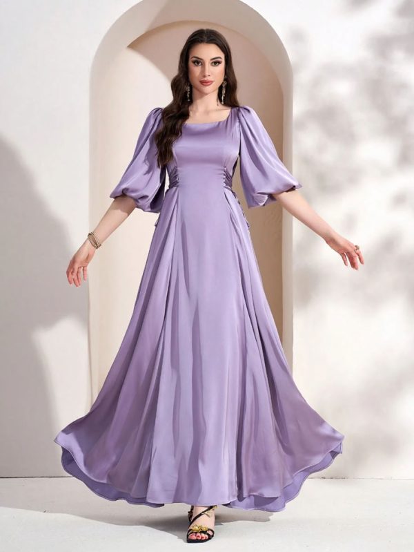 Women's Summer Elegant Party Maxi Dress With Puff Sleeves, High Waist, Side Tie Details