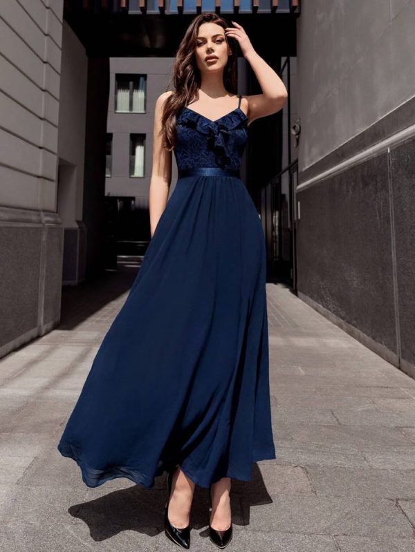 MIUSOL Contrast Floral Lace Ruffle Chiffon Cami Side Split Thigh Party Maxi Dress