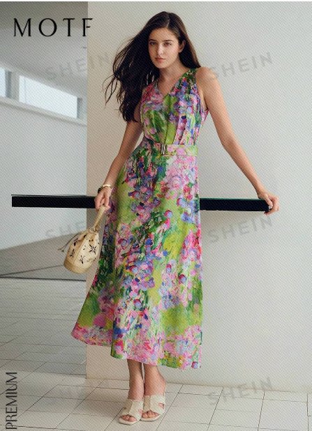 MOTF PREMIUM FLORAL PRINT V-NECK BELTED DRESS